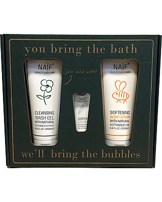 NAIF Baby Care You bring the water, we’ll bring the bubbles! Set Regalo (Gel da Bagno 200ML, Crema Idratante 200ML + Crema per il Cambio mini) - Senza SLS/SLES, Parabeni, Oli Minerali o PEG Bagno Doccia Shampoo