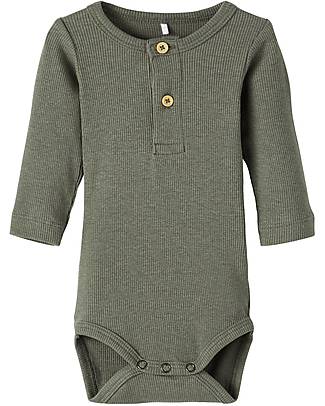 Name it Body Manica Lunga a Coste con Bottoni - Verde - Cotone Organico Body Manica Lunga
