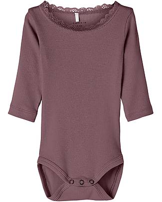 Name it Body Manica Lunga con Pizzo a Coste - Viola - Cotone Organico Body Manica Lunga