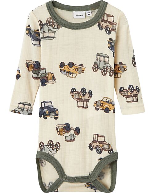 Name it Body Maniche Lunghe - Beige - Cars - 100% Lana Merino Body Manica Lunga