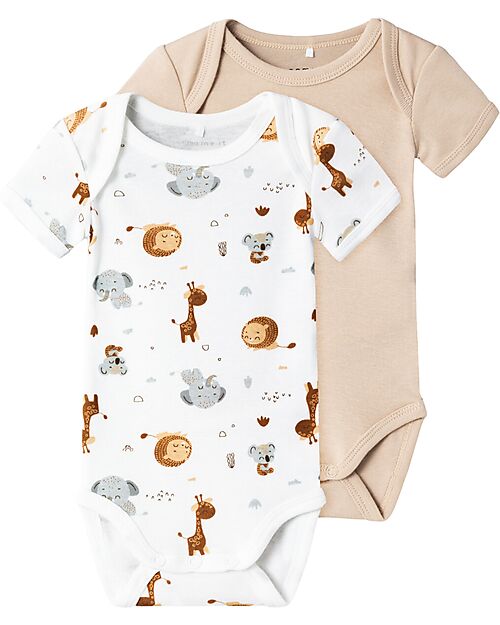 Name it Confezione da 2 Body a Maniche Corte - Bright White - Animal - Cotone Bio Body Manica Corta