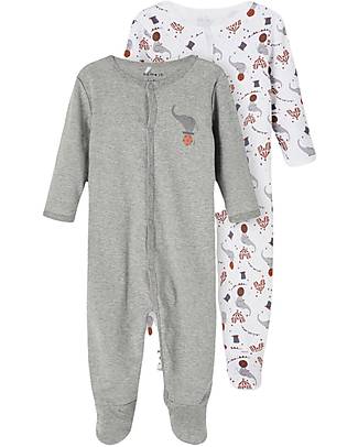 Name it Confezione da 2 Tutine a Manica Lunga con Piedini - Grigio con elefantino singolo/Bianco con Fantasia Elefantini- Cotone Biologico Tutine Lunghe