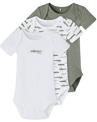 Name it Confezione da 3 Body Manica Corta - Bianco con Coccodrillo Singolo/Verde/Bianco con Fantasia Coccodrillo - Cotone Biologico Body Manica Corta