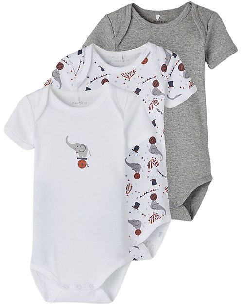 Name it Confezione da 3 Body Manica Corta - Bianco con Elefantino Singolo/Grigio/Bianco con Fantasia Elefantini - Cotone Biologico Body Manica Corta