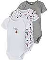 Name it Confezione da 3 Body Manica Corta - Bianco con Elefantino Singolo/Grigio/Bianco con Fantasia Elefantini - Cotone Biologico Body Manica Corta