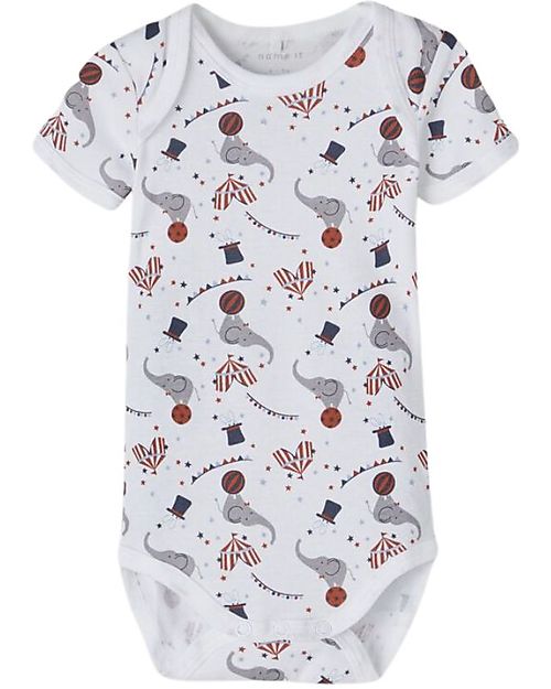 Name it Confezione da 3 Body Manica Corta - Bianco con Elefantino Singolo/Grigio/Bianco con Fantasia Elefantini - Cotone Biologico Body Manica Corta
