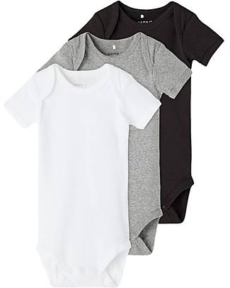 Name it Confezione da 3 Body Manica Corta - Bianco/Grigio/Nero - Cotone Biologico Body Manica Corta