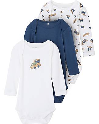 Name it Confezione da 3 Body Manica Lunga - Bianco con Locomotiva/Blu/Bianco con Mezzi - Cotone Organico Body Manica Lunga