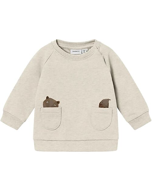 Name it Felpa a Maniche Lunghe con Chiusura a Pressione - Beige Chiaro con Stampa Orsetto Lavatore - Cotone Biologico Felpe