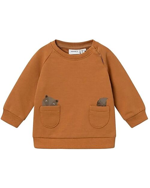 Name it Felpa a Maniche Lunghe con Chiusura a Pressione - Beige Chiaro con Stampa Orsetto Lavatore - Cotone Biologico Felpe