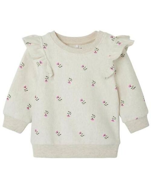Name it Felpa a Maniche Lunghe con Spalle Arricciate - Beige Chiaro con Stampa Floreale - Cotone Biologico Felpe