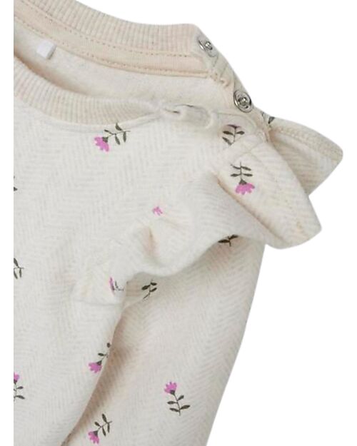 Name it Felpa a Maniche Lunghe con Spalle Arricciate - Beige Chiaro con Stampa Floreale - Cotone Biologico Felpe