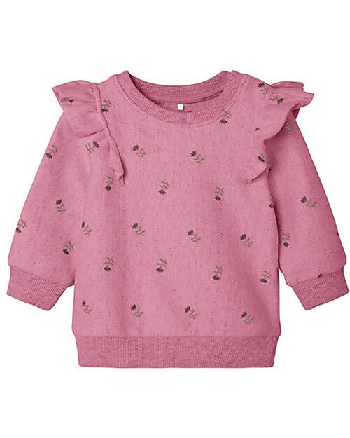 Name it Felpa a Maniche Lunghe con Spalle Arricciate - Malva con Stampa Floreale - Cotone Biologico Felpe