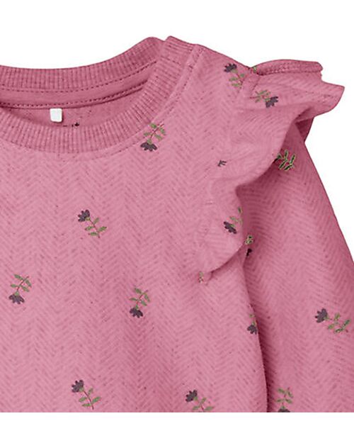 Name it Felpa a Maniche Lunghe con Spalle Arricciate - Malva con Stampa Floreale - Cotone Biologico Felpe