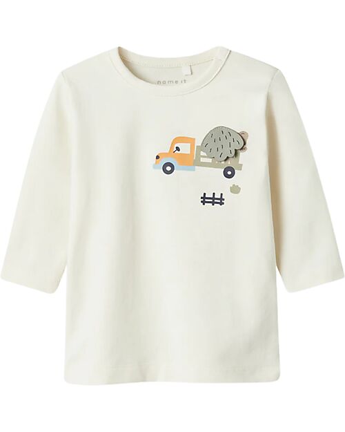 Name it Maglia a Maniche Lunghe con Stampa Frontale - Bianco - Cotone Biologico Maglie Manica Lunga