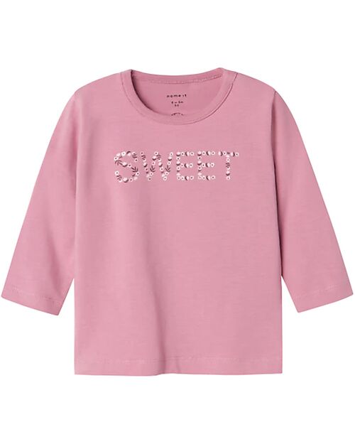 Name it Maglia a Maniche Lunghe con Stampa Frontale 'Sweet' - Malva - Cotone Biologico e Trattamento Eco Maglie Manica Lunga