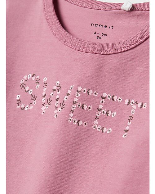Name it Maglia a Maniche Lunghe con Stampa Frontale 'Sweet' - Malva - Cotone Biologico e Trattamento Eco Maglie Manica Lunga