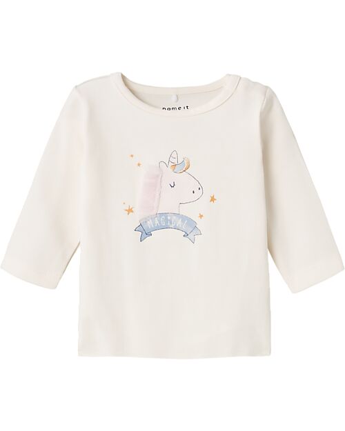 Name it Maglia a Maniche Lunghe con Stampa Unicorno - Crema - Cotone Biologico Maglie Manica Lunga