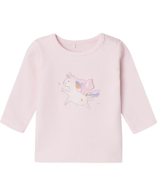 Name it Maglia a Maniche Lunghe con Stampa Unicorno - Malva - Cotone Biologico Maglie Manica Lunga