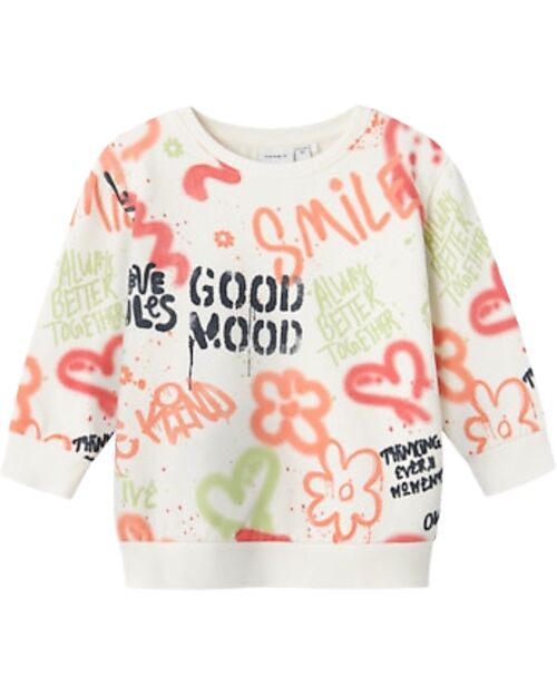 Name it Maglia a Maniche Lunghe con Stampe Decorative e Disegni - Bianco - Cotone Biologico Felpe