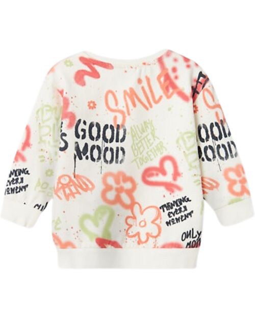 Name it Maglia a Maniche Lunghe con Stampe Decorative e Disegni - Bianco - Cotone Biologico Felpe
