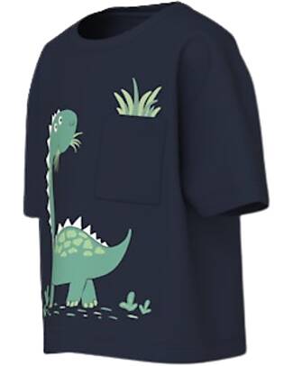Name it Maglia Maniche Corte Dinosauro - Blu - Cotone Bio T-shirt