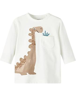 Name it Maglia Maniche Lunghe con Tasca - Dinosauro/Bianco - Cotone Organico Maglie Manica Lunga