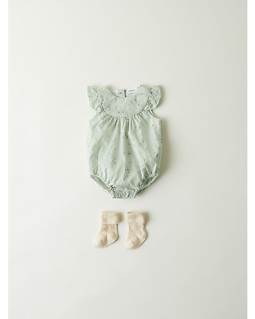 Name it Pagliaccetto con Volant - Still Green - Fiori - 100% Cotone Tutine Corte