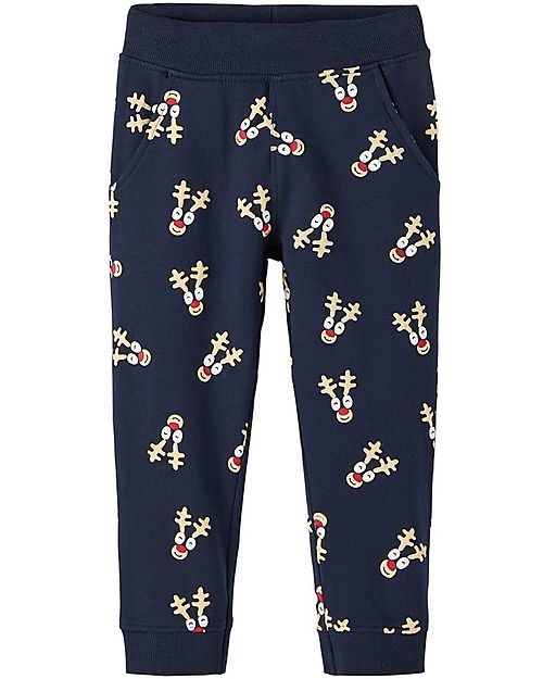 Name it Pantalone Felpato - Renne - Blu Scuro - Cotone Bio Pantaloni Lunghi