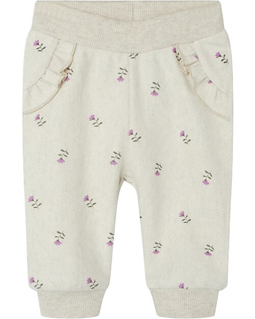 Name it Pantaloni a Vita Elasticizzata con Stampa Floreale - Beige Chiaro Melange - Cotone Biologico Leggings