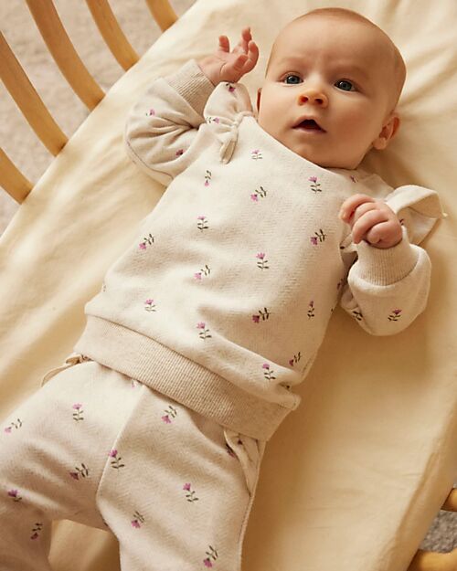 Name it Pantaloni a Vita Elasticizzata con Stampa Floreale - Beige Chiaro Melange - Cotone Biologico Leggings