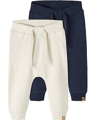 Name it Set da 2 - Pantaloni Felpati - Beige/Blu Scuro - in Cotone Organico - con Vita Regolabile Pantaloni Lunghi