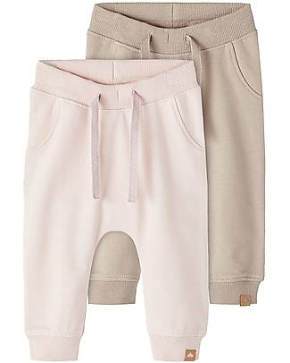 Name it Set da 2 - Pantaloni Felpati - Rosa/Smoke - in Cotone Organico - con Vita Regolabile Pantaloni Lunghi