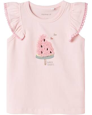 Name it Top con Maniche Volant - Anguria - Rosa - Cotone Canotte