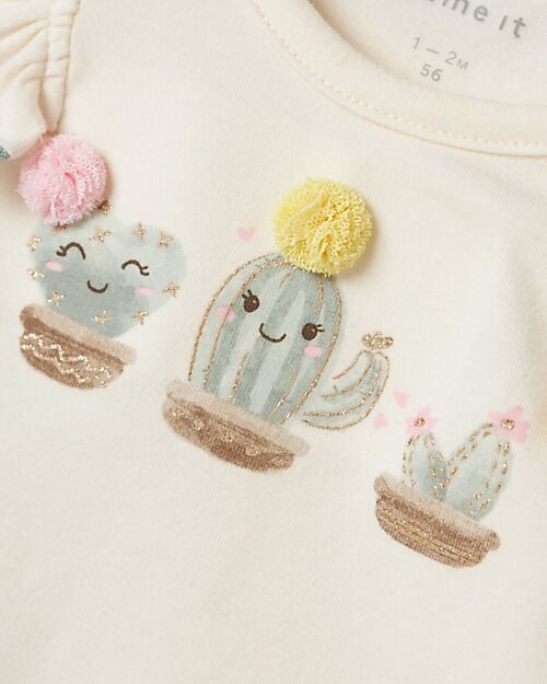 Name it Top con Maniche Volant - Cloud Dancer - Cactus - Cotone Canotte