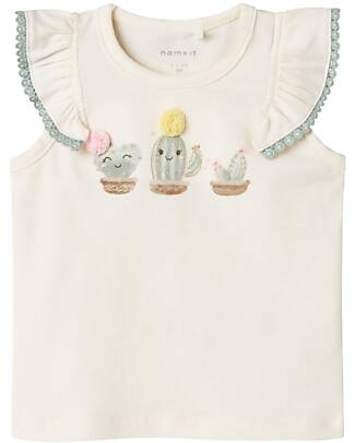 Name it Top con Maniche Volant - Cloud Dancer - Cactus - Cotone Canotte