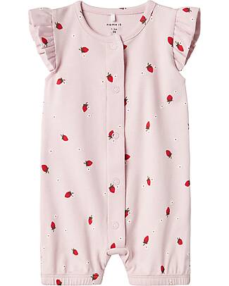 Name it Tutina con Bottoni - Fragole - Rosa - Maniche Volant Tutine Corte
