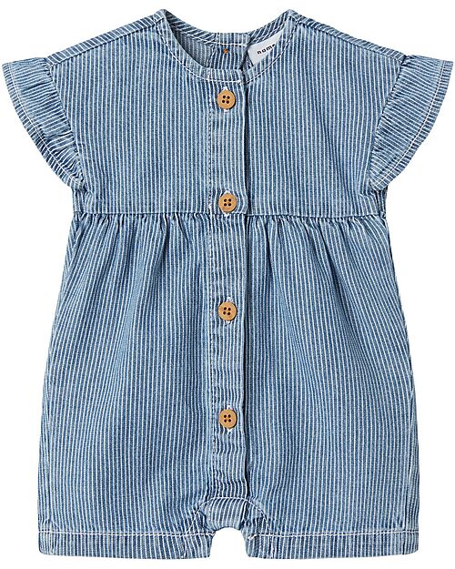 Name it Tutina Smanicata Con Volant - Jeans Chiaro a Righe - 100% Cotone Tutine Corte