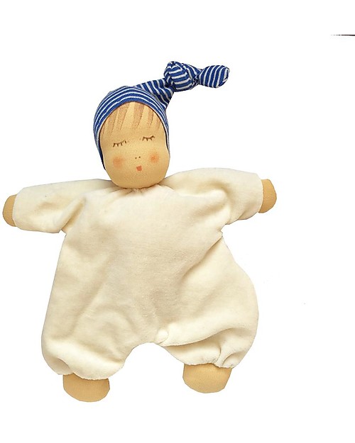 Nanchen Natur Bambola con Cappellino da Notte Blu, 27 cm - Dolce ed Eco-Friendly Bambole
