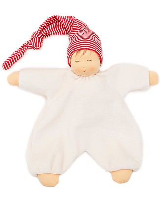 Nanchen Natur Bambola con Cappellino da Notte Rosso, 27 cm - Dolce ed Eco-Friendly Bambole
