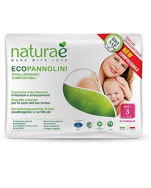 Naturaè Ecopannolini compostabili, Taglia Midi 4-9 Kg - Confezione da 22 pezzi Pannolini Eco