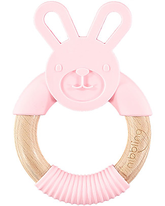 Nibbling Massaggiagengive ad Anello, Rosa, Bo il Coniglio - Legno Naturale e Silicone Alimentare Massaggiagengive
