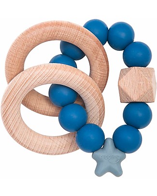Nibbling Massaggiagengive/Sonaglio 2-in-1 - Blu - Legno Naturale e Silicone Alimentare! Massaggiagengive