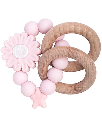 Nibbling Massaggiagengive/Sonaglio 2-in-1 - Petal Rosa - Legno Naturale e Silicone Alimentare! Massaggiagengive