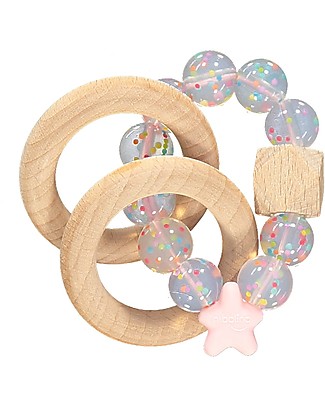 Nibbling Massaggiagengive/Sonaglio 2-in-1 - Rosa - Legno Naturale e Silicone Alimentare! Massaggiagengive