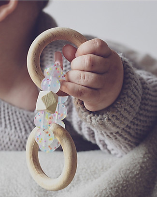 Nibbling Massaggiagengive/Sonaglio 2-in-1 - Rosa - Legno Naturale e Silicone Alimentare! Massaggiagengive