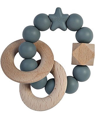 Nibbling Massaggiagengive/Sonaglio 2-in-1, Stellar Grigio - Legno Naturale e Silicone Alimentare! Massaggiagengive