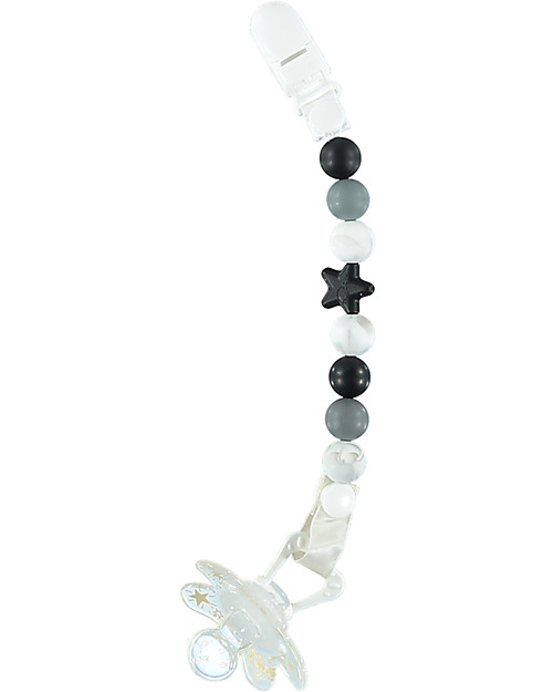 Nibbling Reggiciuccio Universale Morbido - Comet Nero/Marmo - 100% Silicone Alimentare e Chiusura a Scomparsa! Catenelle Portaciuccio