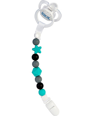 Nibbling Reggiciuccio Universale Morbido - Comet Turchese/Nero - 100% Silicone Alimentare e Chiusura a Scomparsa! Ciucci
