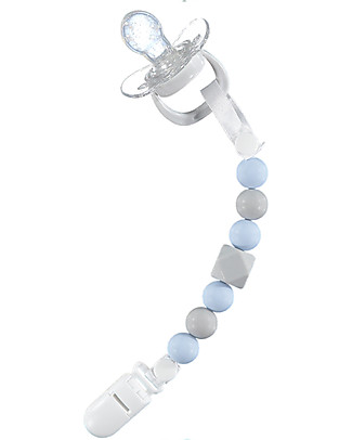 Nibbling Reggiciuccio Universale Morbido - Geo Blu/Grigio - 100% Silicone Alimentare e Chiusura a Scomparsa! Catenelle Portaciuccio